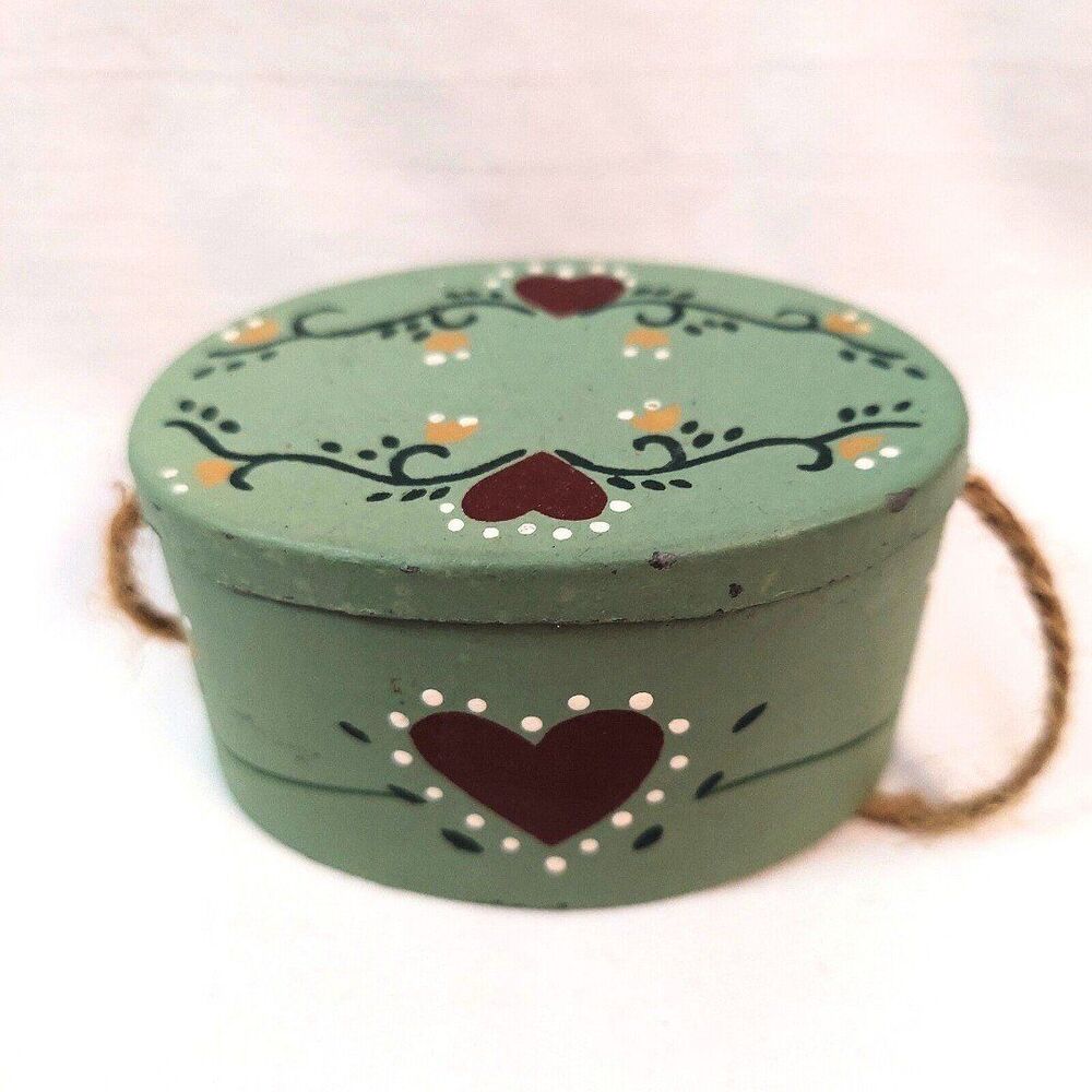 TRINKET BOX OVAL Tin Sage Green Hand-painted w Hearts 2.75" x 1.75" Doll Diorama